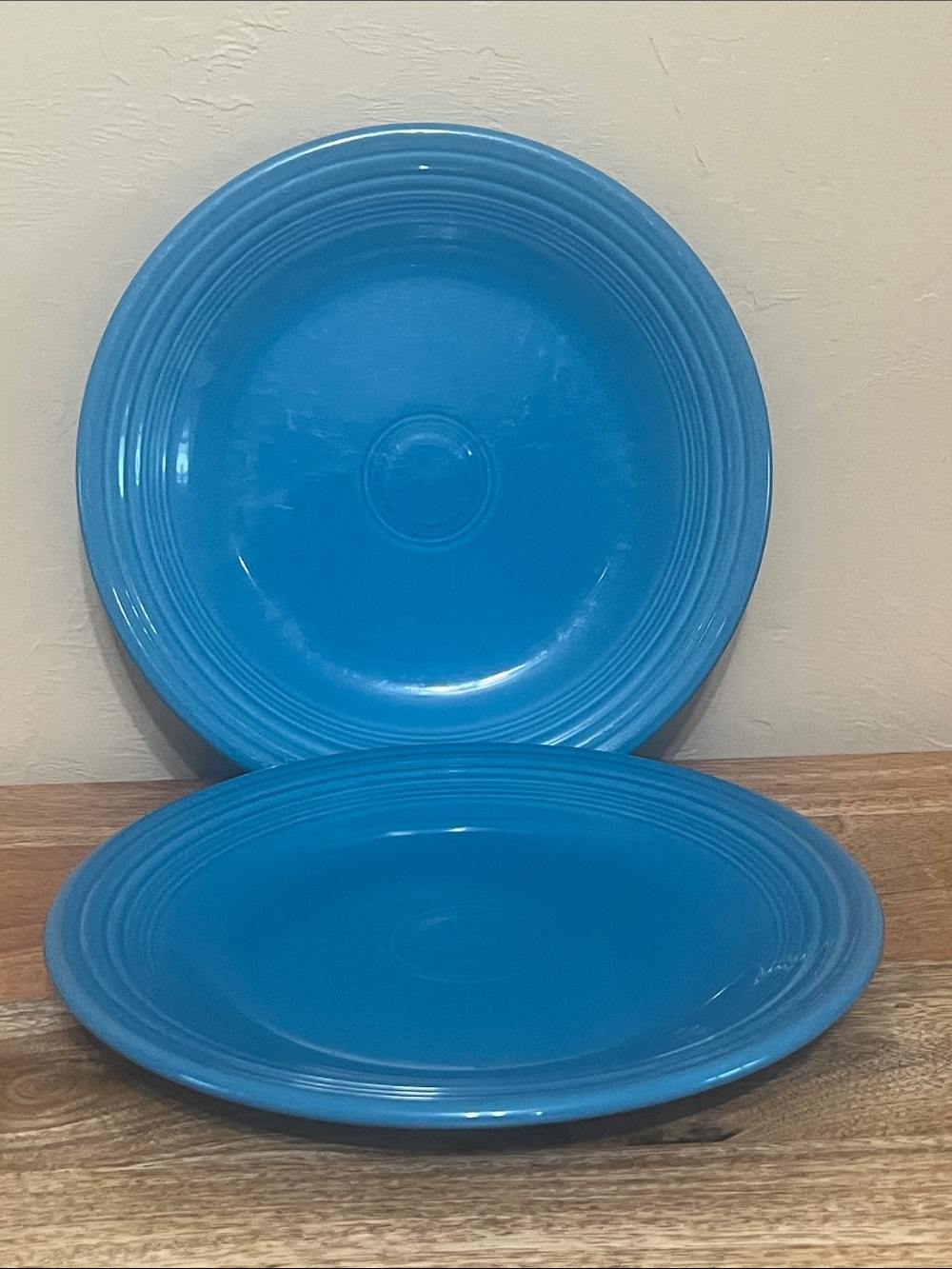 (2) 10.5-inch Homer Laughlin Fiesta dinner plate in rare to find Peacock Blue